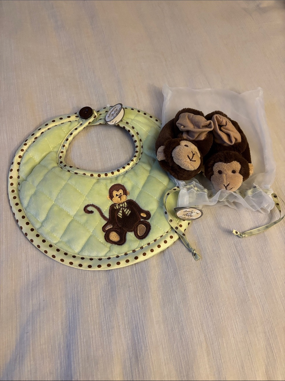 Bearington Baby Quilted Light Green Monkey Bib with Matching Brown Plush Booties